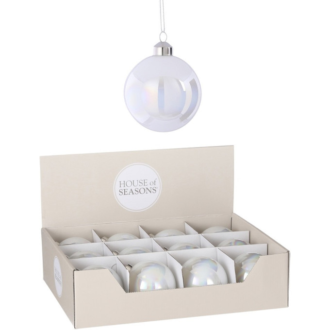Набор HOUSE OF SEASONS, 12 шт. стеклянных новогодних шаров, диам. 8 см, белый жемчуг 85803